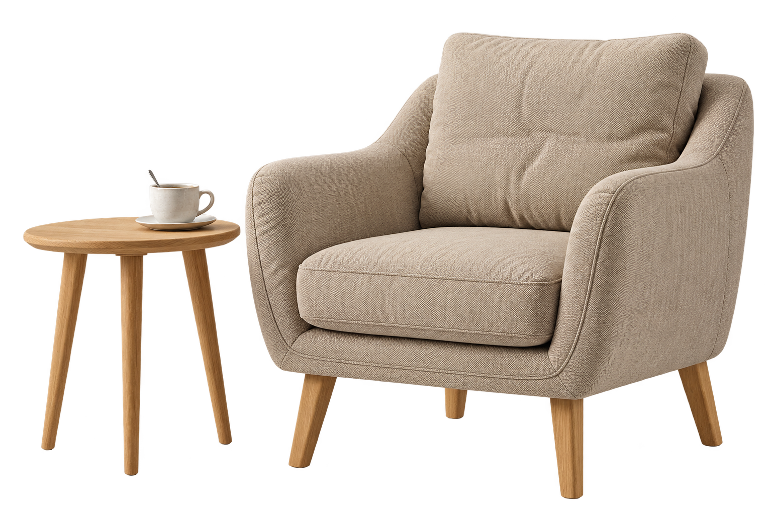 An upholstered armchair and a side table, the kind of furniture Proovia collects and delivers
