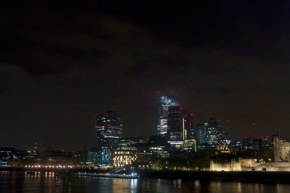 London skyline at night, River Thames and Tower of London