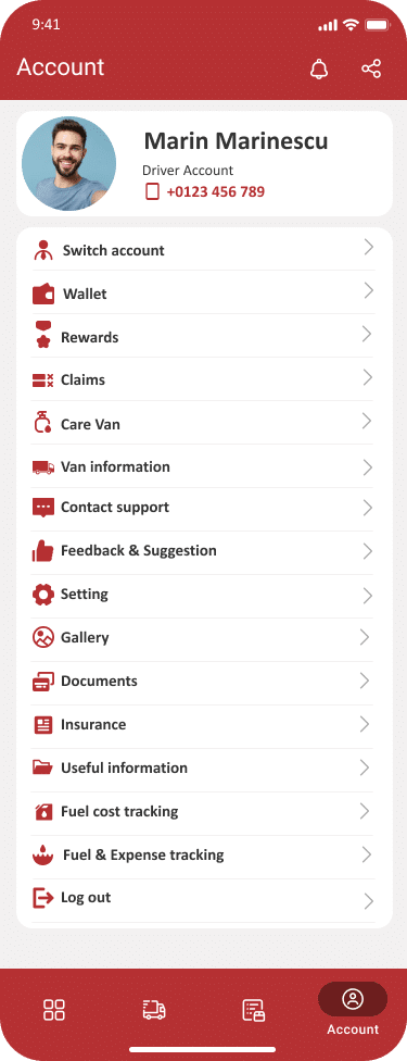 Proovia driver app account screen listing wallet, van information, insurance, fuel and expense tracking