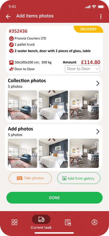 Proovia driver app screen showing a collection job: two-seater bench and table, 300kg, priced at £114.80